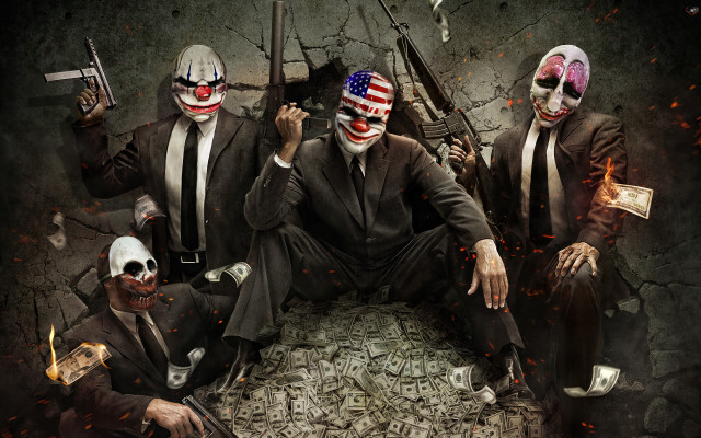 Men suits masks guns money free wallpaper for desktop - medium preview image