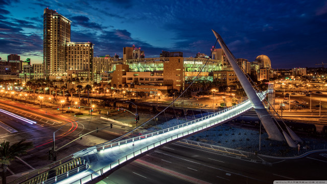 Bridge night city lights traffic free wallpaper for desktop - medium preview image