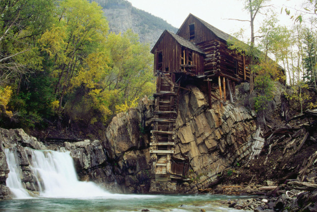 Waterfall wooden cabin waterfall cascading free wallpaper for desktop - medium preview image