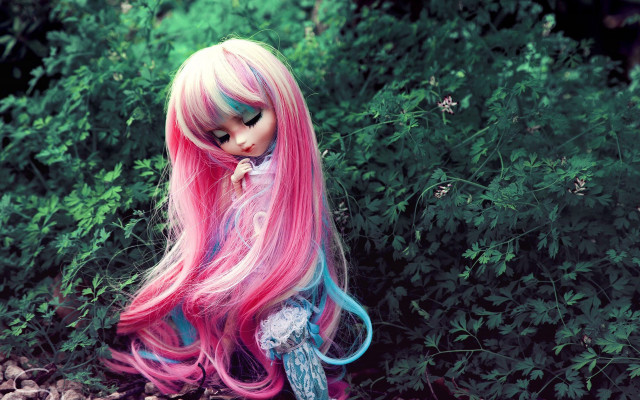 Pink blue hair doll forest free wallpaper for desktop - medium preview image