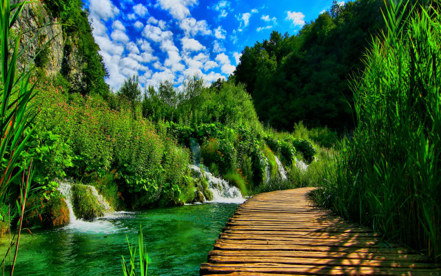Wooden path waterfall forest blue #2 free wallpaper for desktop - medium preview image
