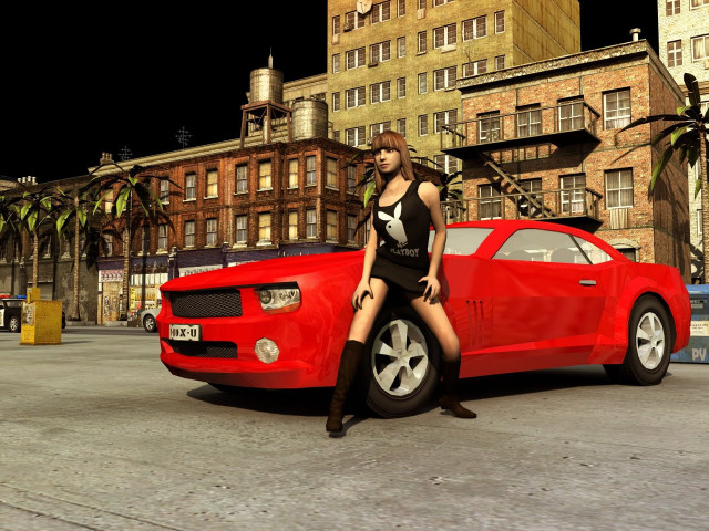 Woman red car city night free wallpaper for desktop - medium preview image