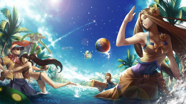 Tropical group people ball surfboard free wallpaper for desktop - medium preview image