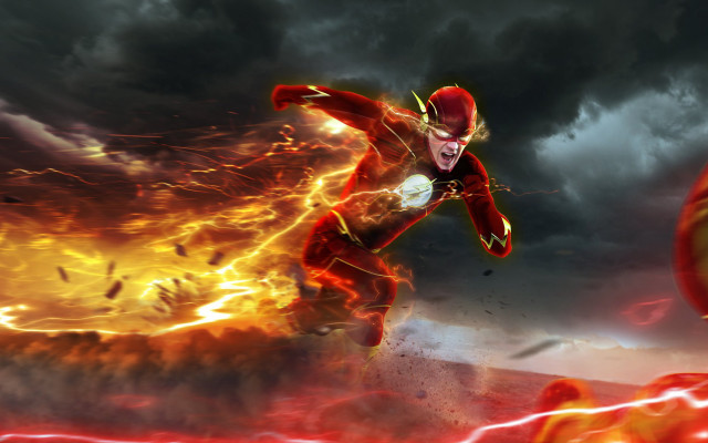 Red suit man fire lightning free wallpaper for desktop - medium preview image