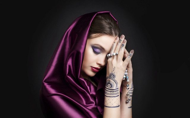 Woman tattoos purple dress hands free wallpaper for desktop - medium preview image