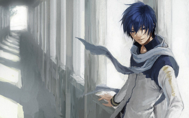 Man blue hair scarf hallway free wallpaper for desktop - medium preview image