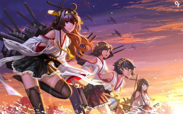 Anime girls sunset guns ship free wallpaper for desktop - medium preview image