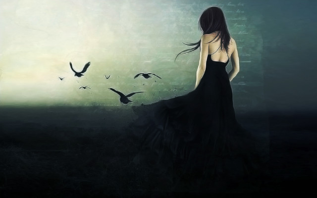 Woman black dress birds flying #2 free wallpaper for desktop - medium preview image