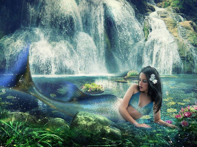 Mermaid rock waterfall fish background free wallpaper for desktop - medium preview image