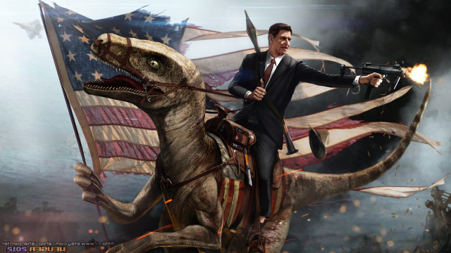 Man suit riding dinosaur gun free wallpaper for desktop - medium preview image