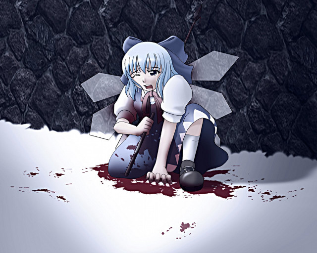 Girl kneeling knife blood ground free wallpaper for desktop - medium preview image
