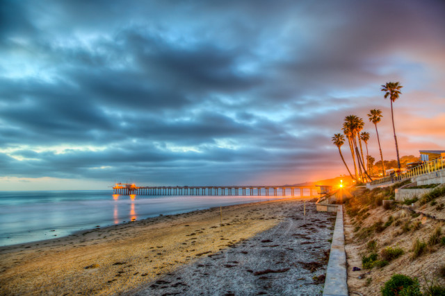 Beach pier palm trees sunset free wallpaper for desktop - medium preview image