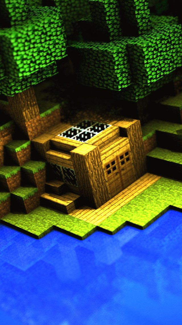 Minecraft house pond trees background free wallpaper for mobile - medium preview image
