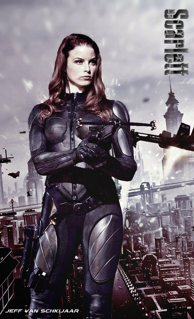 Futuristic woman suit gun cityscape free wallpaper for mobile - medium preview image