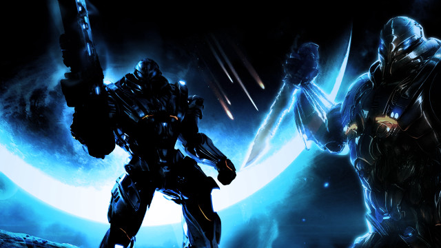 Robots fighting space moon blue free wallpaper for desktop - medium preview image