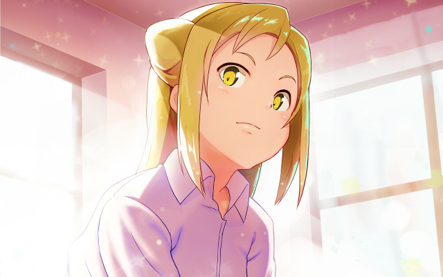 Blonde woman blue shirt stars free wallpaper for desktop - medium preview image