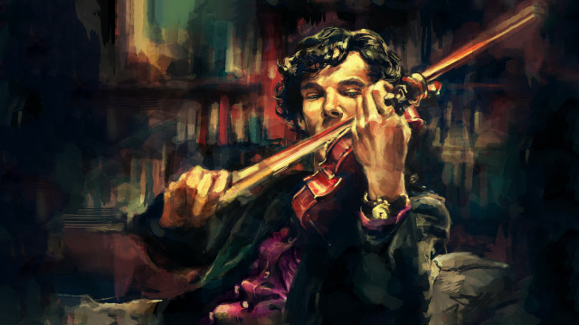 Man playing violin bookshelves room free wallpaper for desktop - medium preview image
