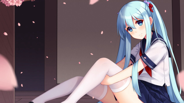 Blue hair anime girl sitting free wallpaper for desktop - medium preview image