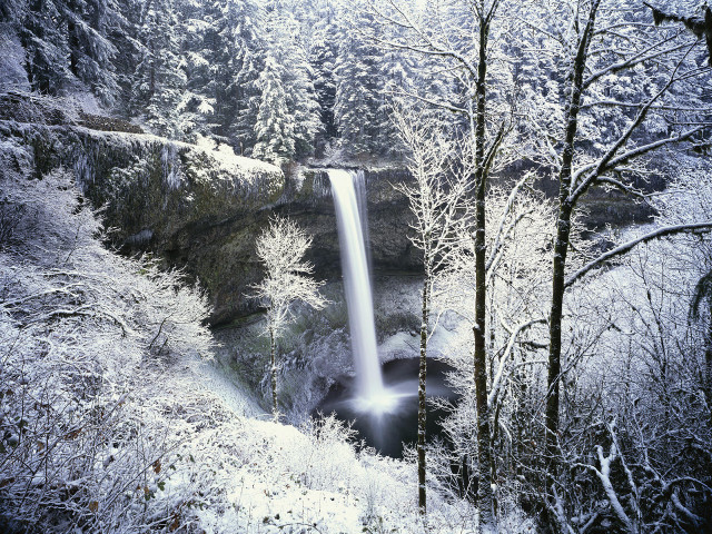 Waterfall snowy forest light beam free wallpaper for desktop - medium preview image