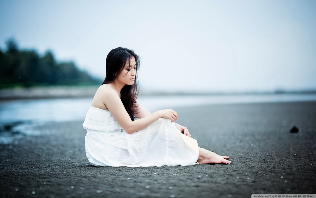 Woman white dress sitting water free wallpaper for desktop - medium preview image