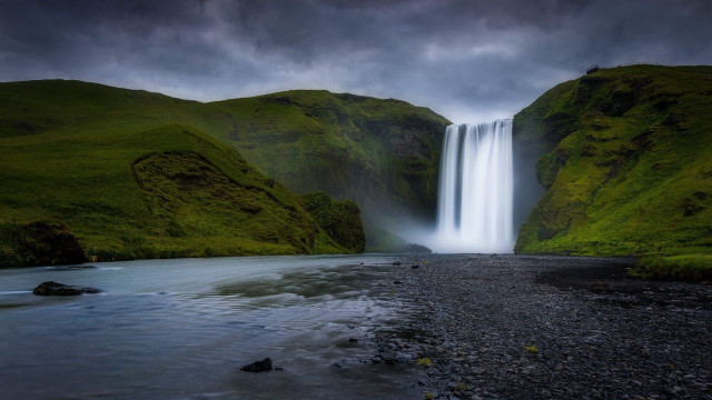 Waterfall large river mountain range free wallpaper for desktop - medium preview image