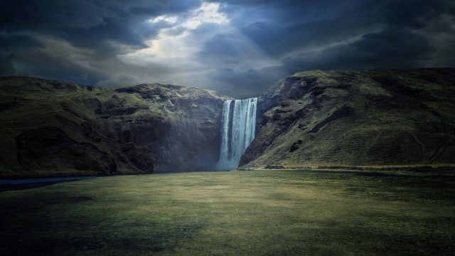 Waterfall large body cloudy sky free wallpaper for desktop - medium preview image
