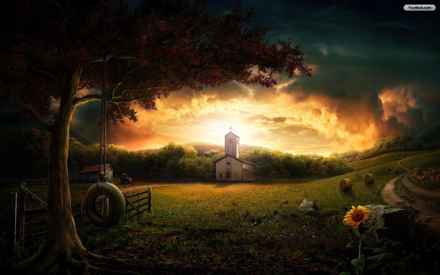 Church field tree fence sunset free wallpaper for desktop - medium preview image