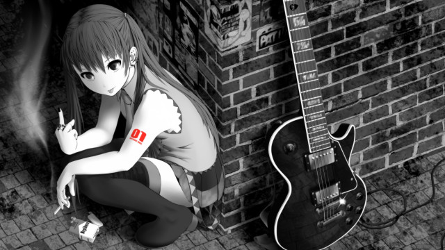 Girl sitting guitar brick wall free wallpaper for desktop - medium preview image