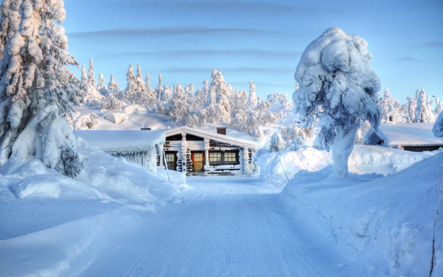 Cabin snowy road trees winter free wallpaper for desktop - medium preview image