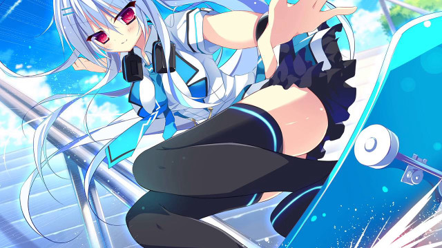 White haired girl skateboard blush free wallpaper for desktop - medium preview image