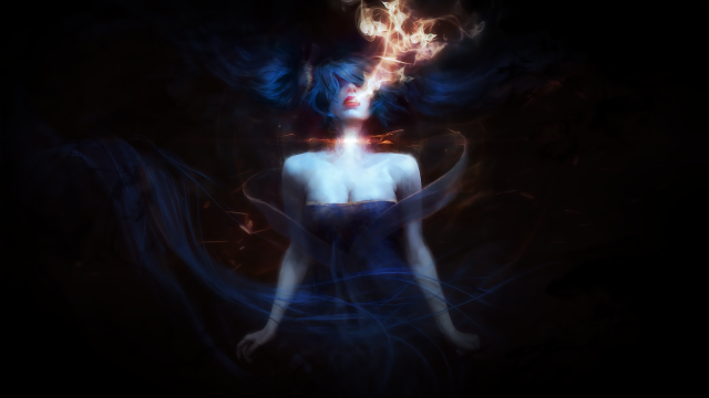 Blue hair red light woman free wallpaper for desktop - medium preview image