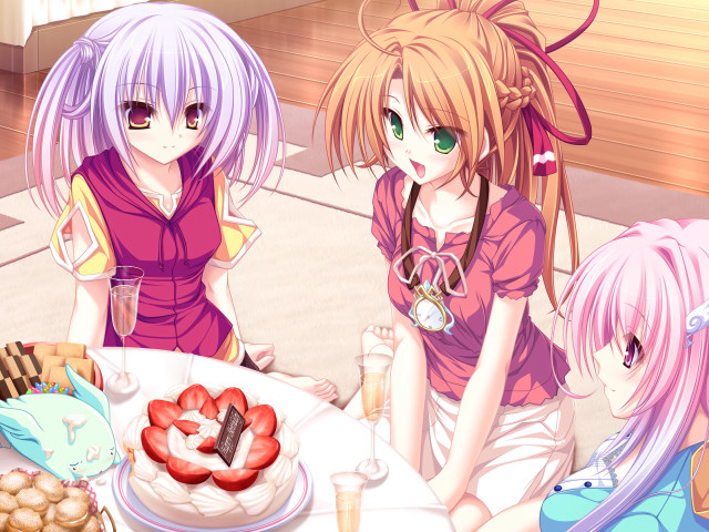 Anime girls sitting table cake free wallpaper for desktop - medium preview image
