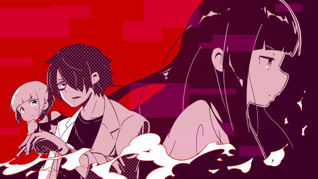 Anime couple sitting red background free wallpaper for desktop - medium preview image