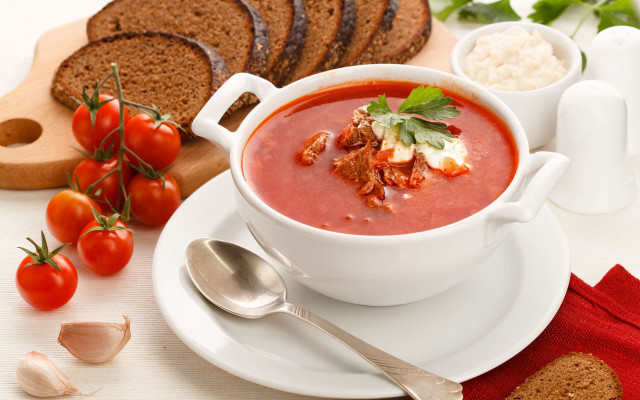 Soup bowl bread tomatoes table free wallpaper for desktop - medium preview image