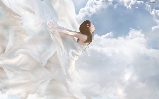 Woman white dress flying cloud free wallpaper for desktop - medium preview image