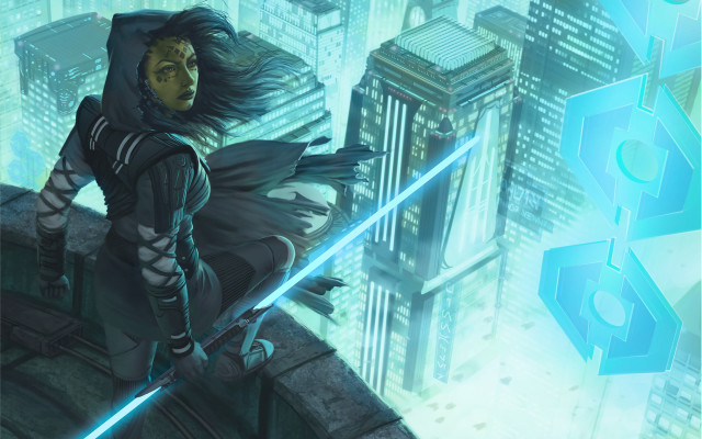 Woman black outfit sword cityscape free wallpaper for desktop - medium preview image