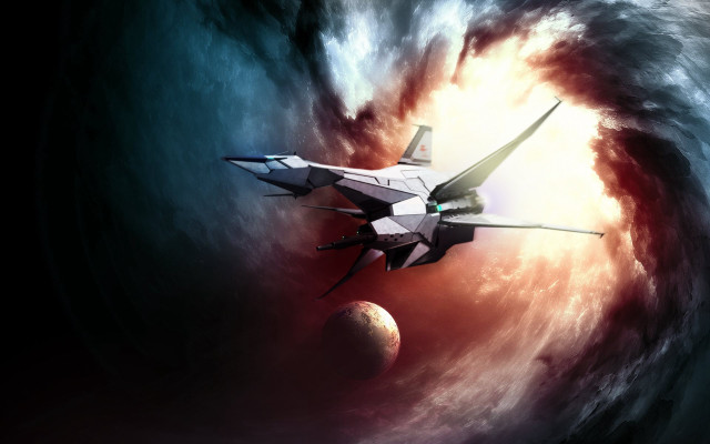 Spaceship flying vortex clouds planet free wallpaper for desktop - medium preview image