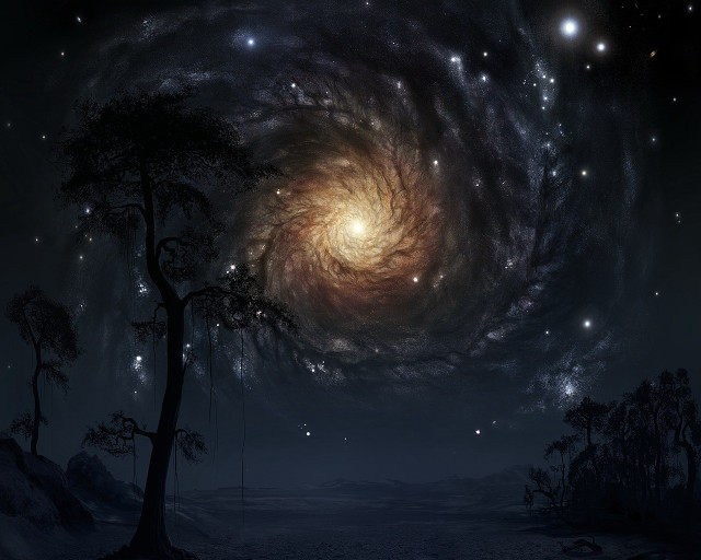 Spiral galaxy stars tree distant free wallpaper for desktop - medium preview image