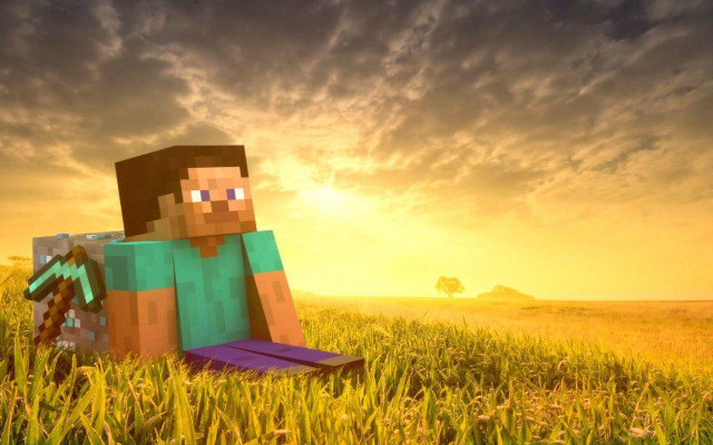 Minecraft character sitting field grass free wallpaper for desktop - medium preview image