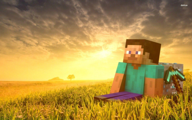 Minecraft character sitting grass sunset free wallpaper for desktop - medium preview image