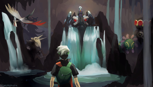 Man waterfall birds flying standing free wallpaper for desktop - medium preview image