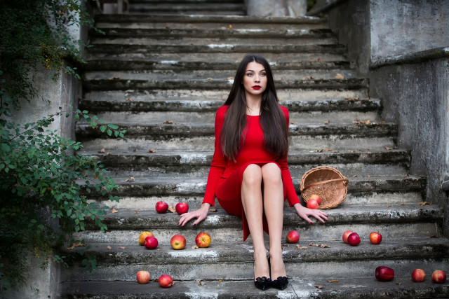 Woman red dress stairs apples free wallpaper for desktop - medium preview image