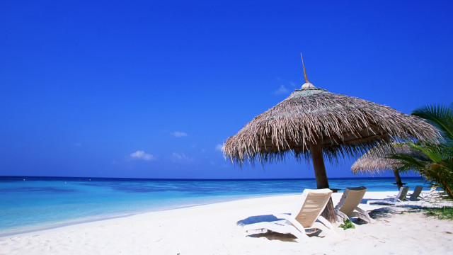 Beach thatched umbrella chairs blue #2 free wallpaper for desktop - medium preview image