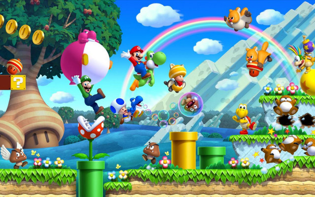 Mario characters rainbow background video free wallpaper for desktop - medium preview image