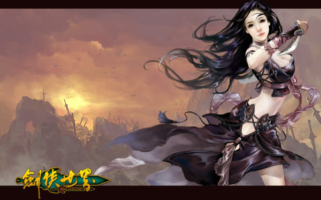Woman sword castle sky clouds free wallpaper for desktop - medium preview image