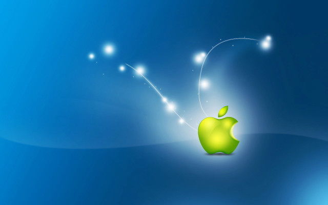 Green apple flying blue background free wallpaper for desktop - medium preview image