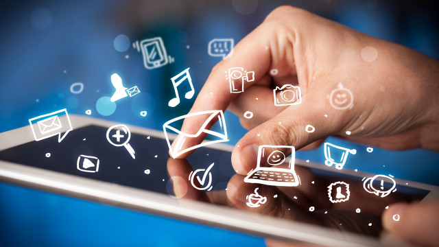 Person tablet icons touching screen free wallpaper for desktop - medium preview image