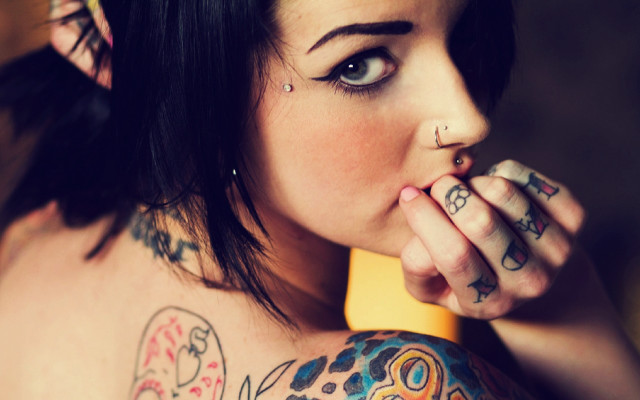 Woman tattoos hand mouth yellow free wallpaper for desktop - medium preview image