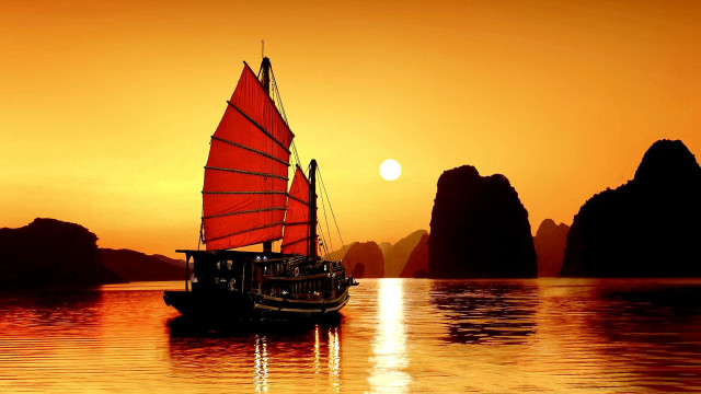 Boat red sails sunset mountains free wallpaper for desktop - medium preview image