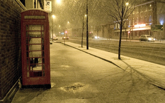 Telephone booth snowy street night free wallpaper for desktop - medium preview image